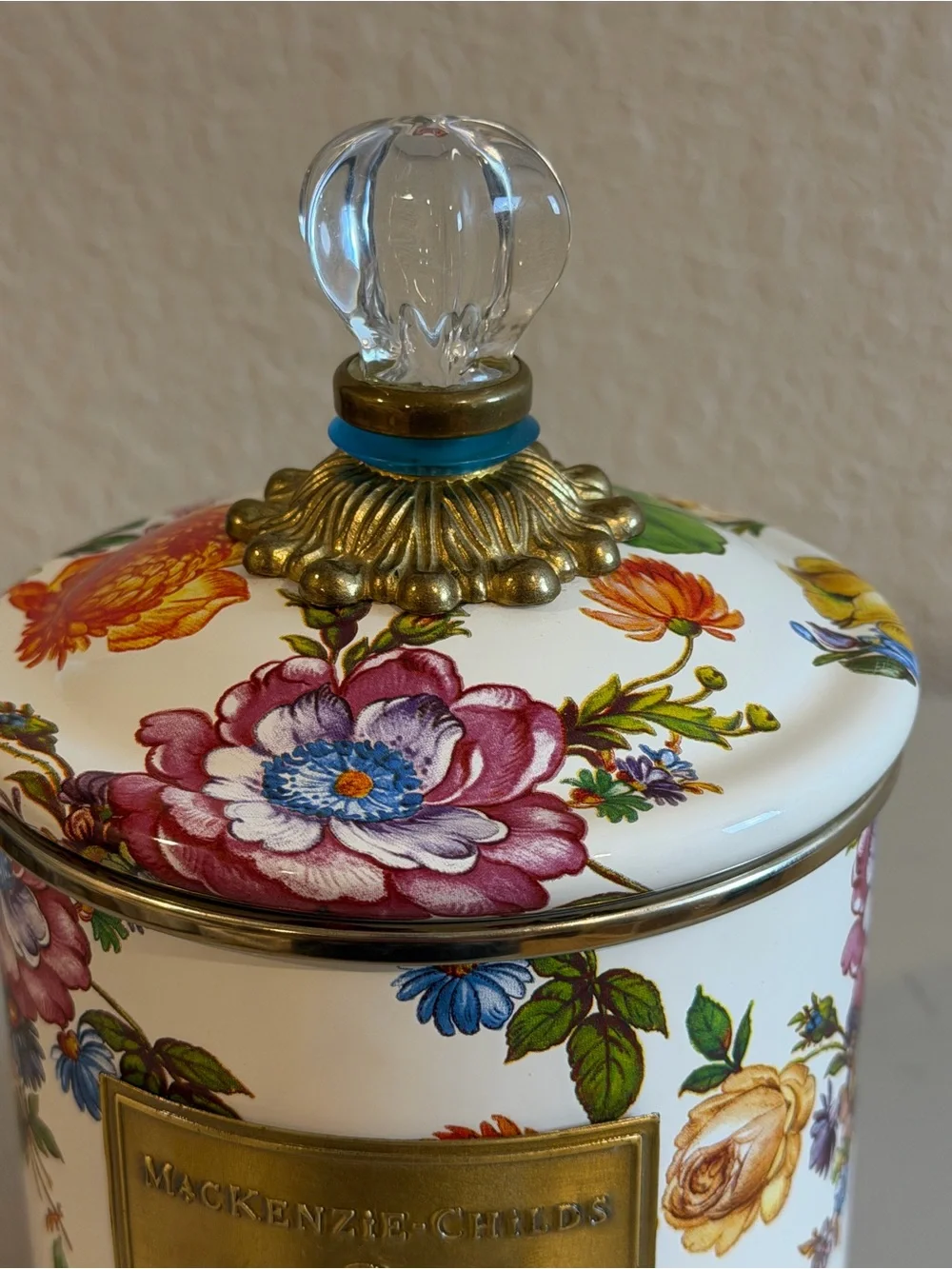 MacKenzie-Childs Small Canister White Floral Market with HTF Blue Ring